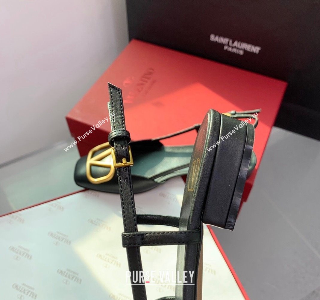 Valentino Metal-Tone VLogo Leather Slingback Sandals Black/Gold 2023 VLTN121403 (KER-231214129)