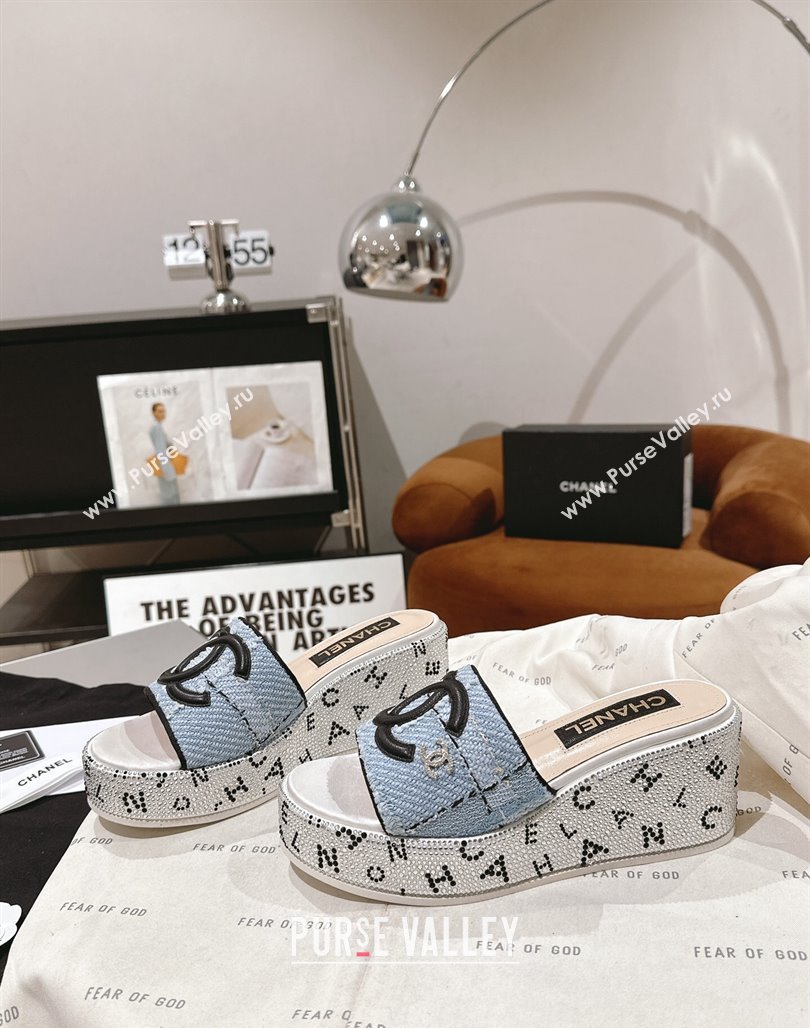 Chanel Tweed Crystals Platform Slide Sandals Light Blue 2024 CH010801 (MD-240108008)