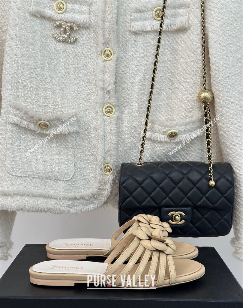 Chanel Lambskin Camellia Bloom Flat Slide Sandals Beige 2024 CH010802 (MD-240108011)