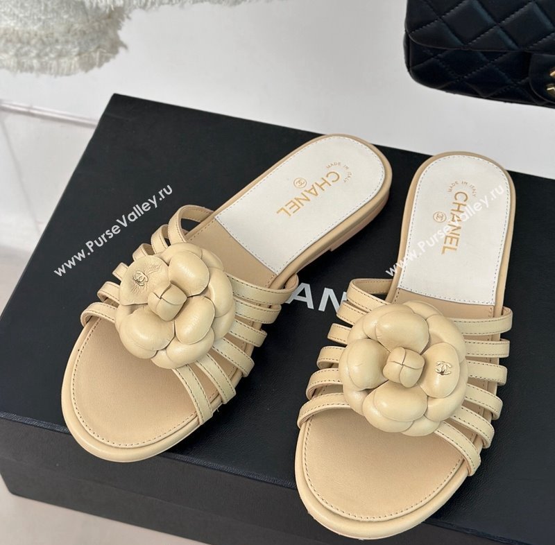 Chanel Lambskin Camellia Bloom Flat Slide Sandals Beige 2024 CH010802 (MD-240108011)
