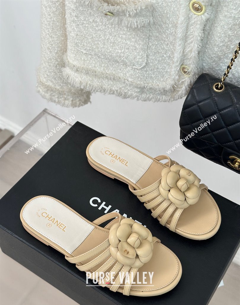 Chanel Lambskin Camellia Bloom Flat Slide Sandals Beige 2024 CH010802 (MD-240108011)