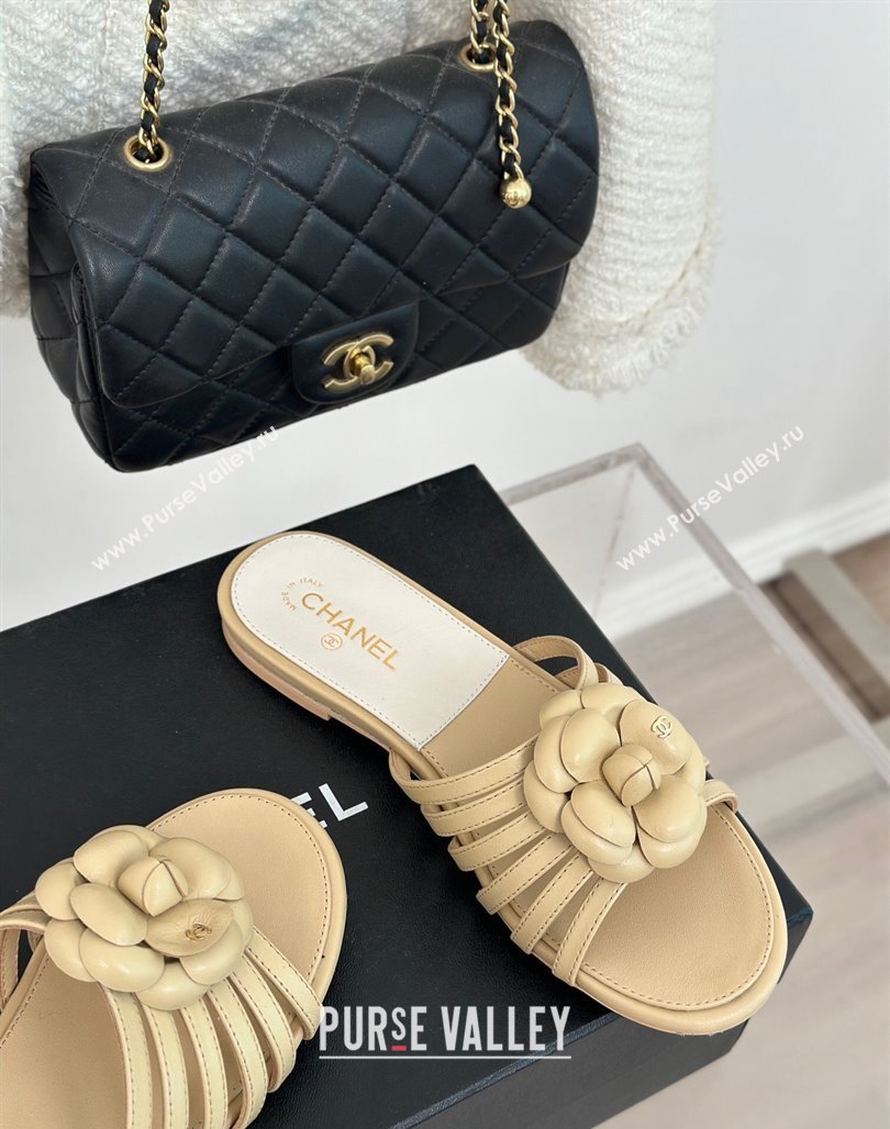 Chanel Lambskin Camellia Bloom Flat Slide Sandals Beige 2024 CH010802 (MD-240108011)