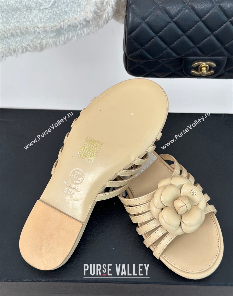 Chanel Lambskin Camellia Bloom Flat Slide Sandals Beige 2024 CH010802 (MD-240108011)