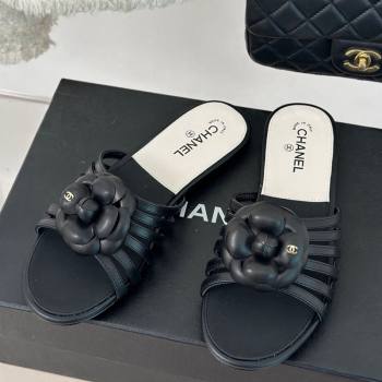 Chanel Lambskin Camellia Bloom Flat Slide Sandals Black 2024 CH010802 (MD-240108012)