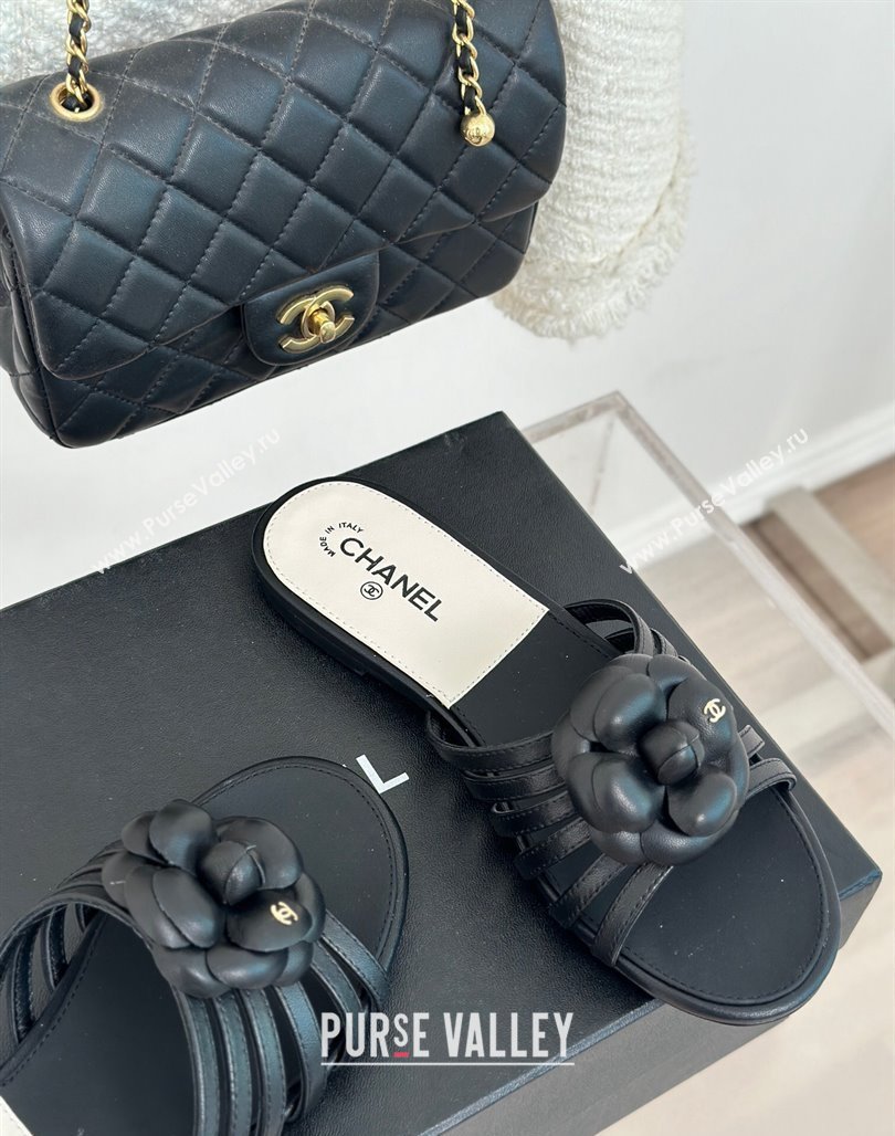 Chanel Lambskin Camellia Bloom Flat Slide Sandals Black 2024 CH010802 (MD-240108012)
