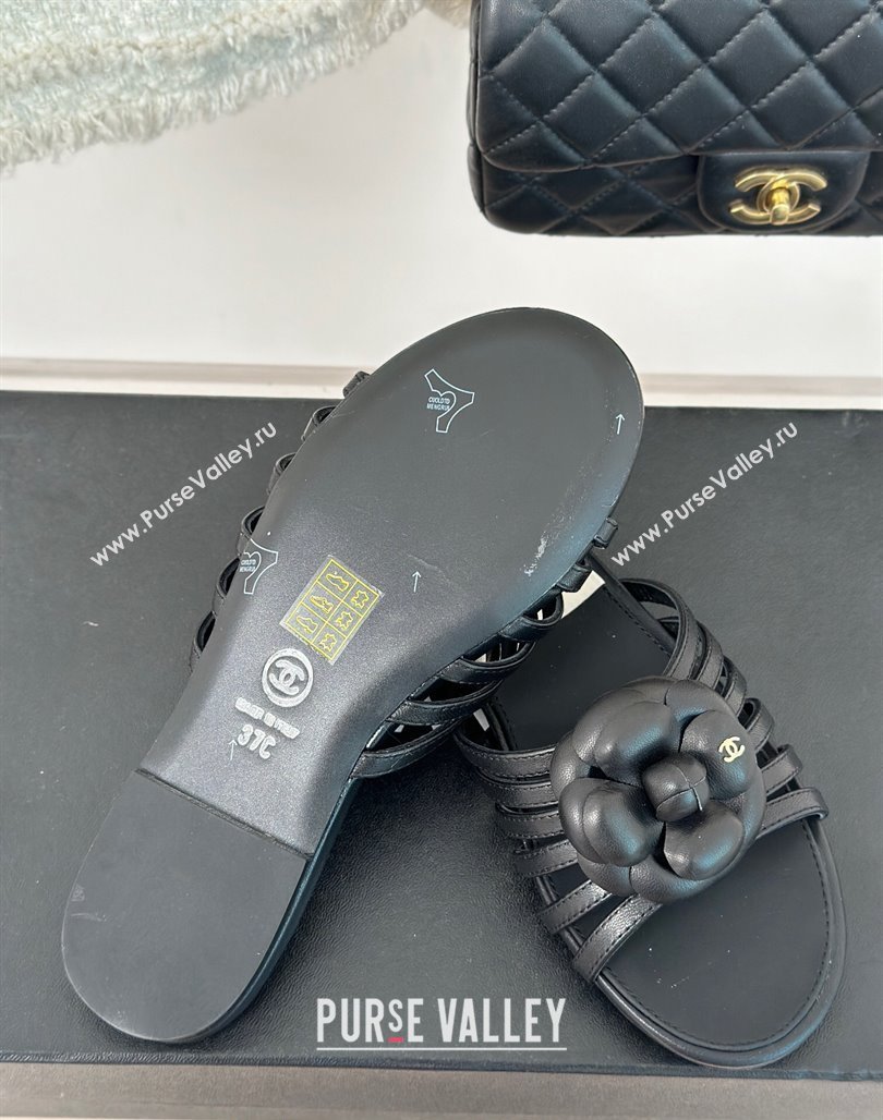 Chanel Lambskin Camellia Bloom Flat Slide Sandals Black 2024 CH010802 (MD-240108012)