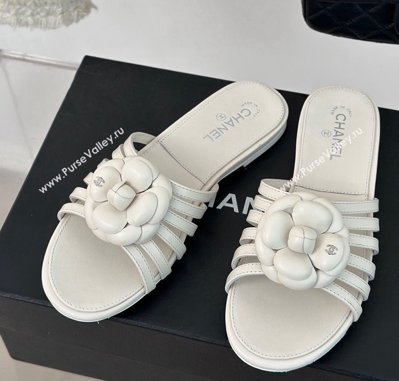 Chanel Lambskin Camellia Bloom Flat Slide Sandals White 2024 CH010802 (MD-240108013)