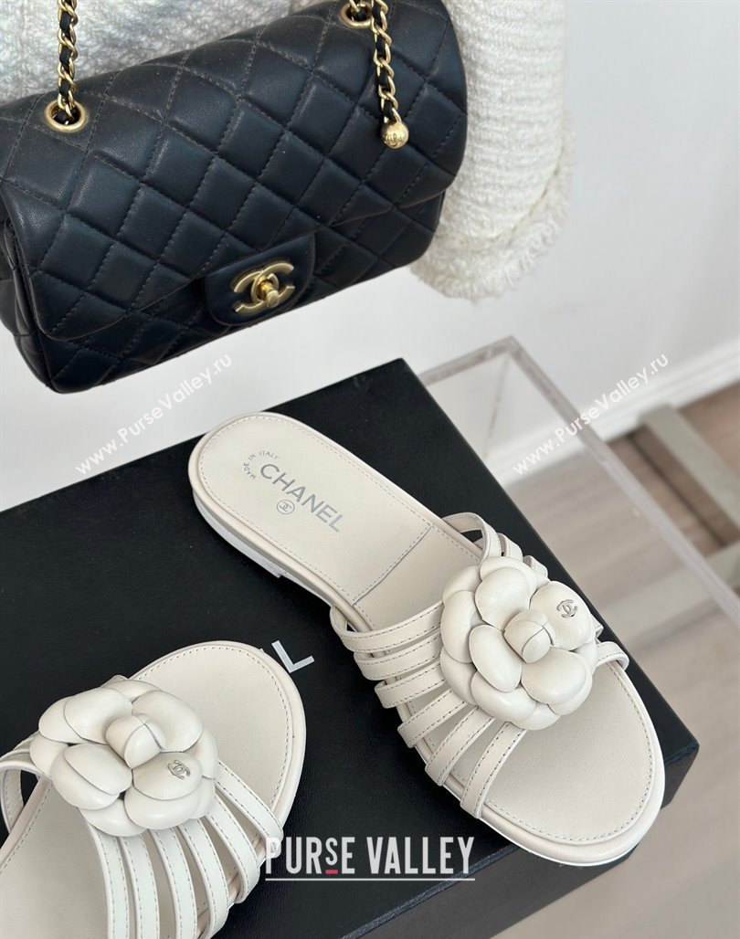 Chanel Lambskin Camellia Bloom Flat Slide Sandals White 2024 CH010802 (MD-240108013)