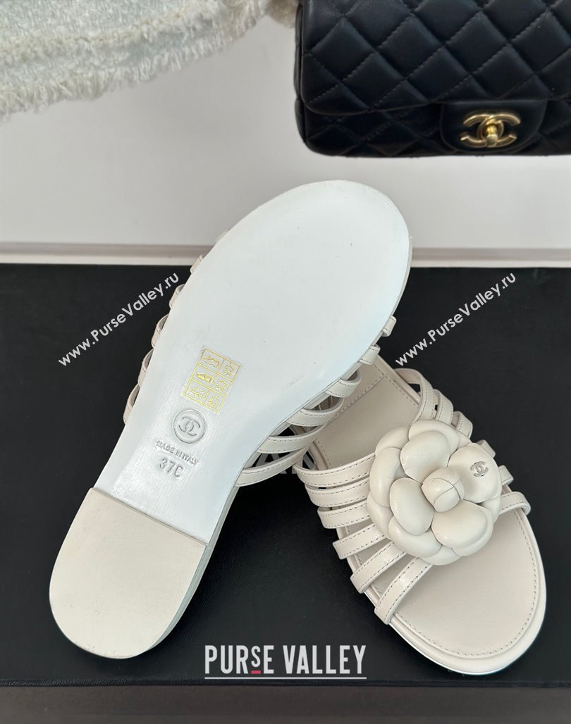 Chanel Lambskin Camellia Bloom Flat Slide Sandals White 2024 CH010802 (MD-240108013)