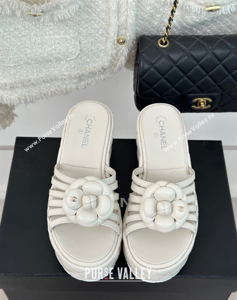 Chanel Lambskin Camellia Bloom Platform Slide Sandals White 2024 CH010802 (MD-240108014)