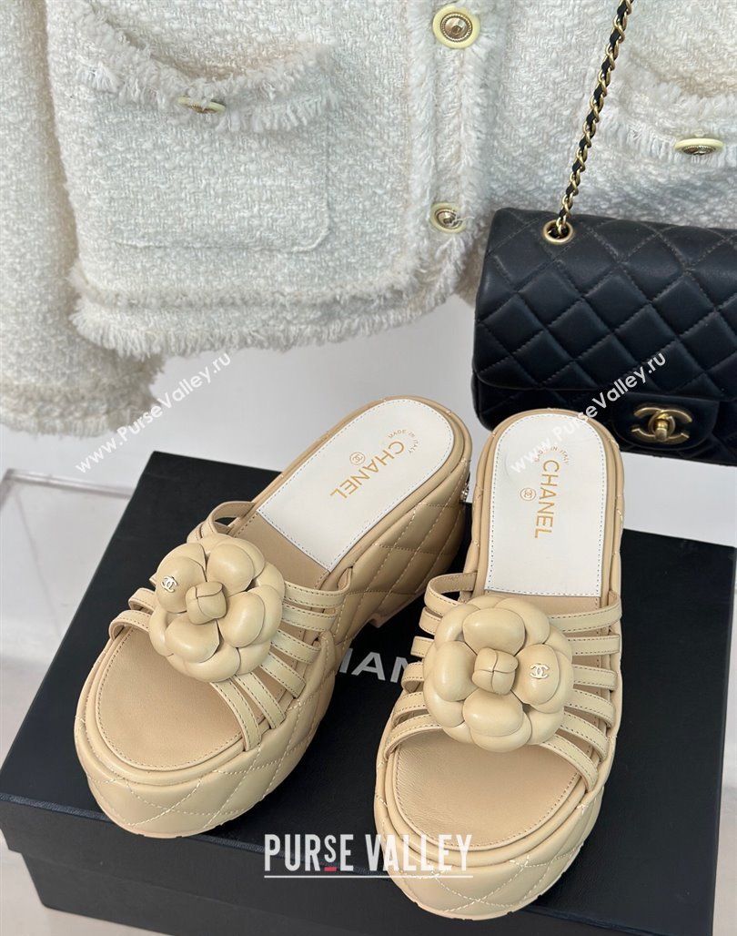 Chanel Lambskin Camellia Bloom Platform Slide Sandals Beige 2024 CH010802 (MD-240108015)