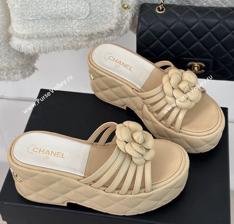 Chanel Lambskin Camellia Bloom Platform Slide Sandals Beige 2024 CH010802 (MD-240108015)
