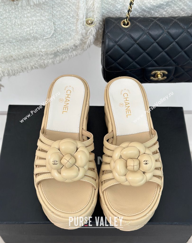 Chanel Lambskin Camellia Bloom Platform Slide Sandals Beige 2024 CH010802 (MD-240108015)