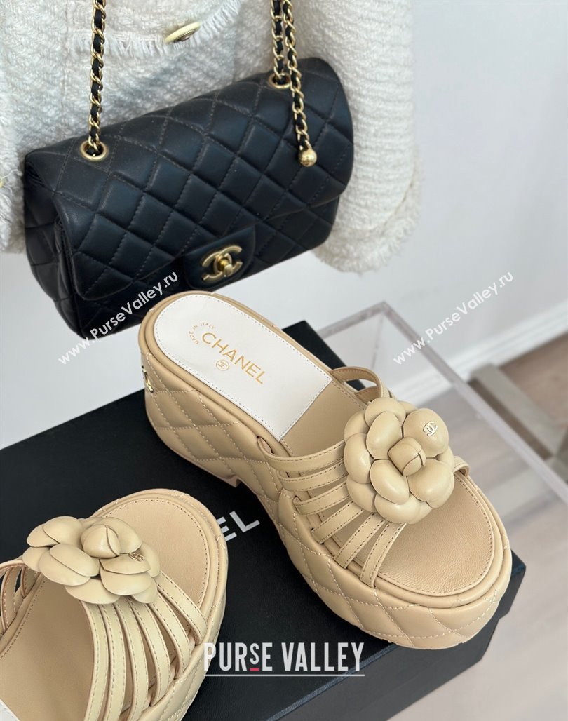 Chanel Lambskin Camellia Bloom Platform Slide Sandals Beige 2024 CH010802 (MD-240108015)