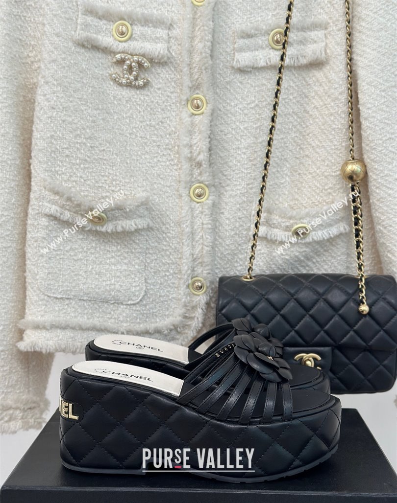 Chanel Lambskin Camellia Bloom Platform Slide Sandals Black 2024 CH010802 (MD-240108016)