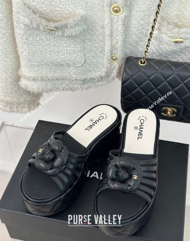 Chanel Lambskin Camellia Bloom Platform Slide Sandals Black 2024 CH010802 (MD-240108016)
