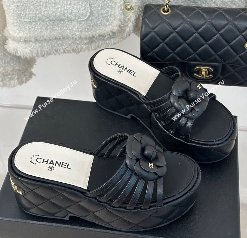 Chanel Lambskin Camellia Bloom Platform Slide Sandals Black 2024 CH010802 (MD-240108016)