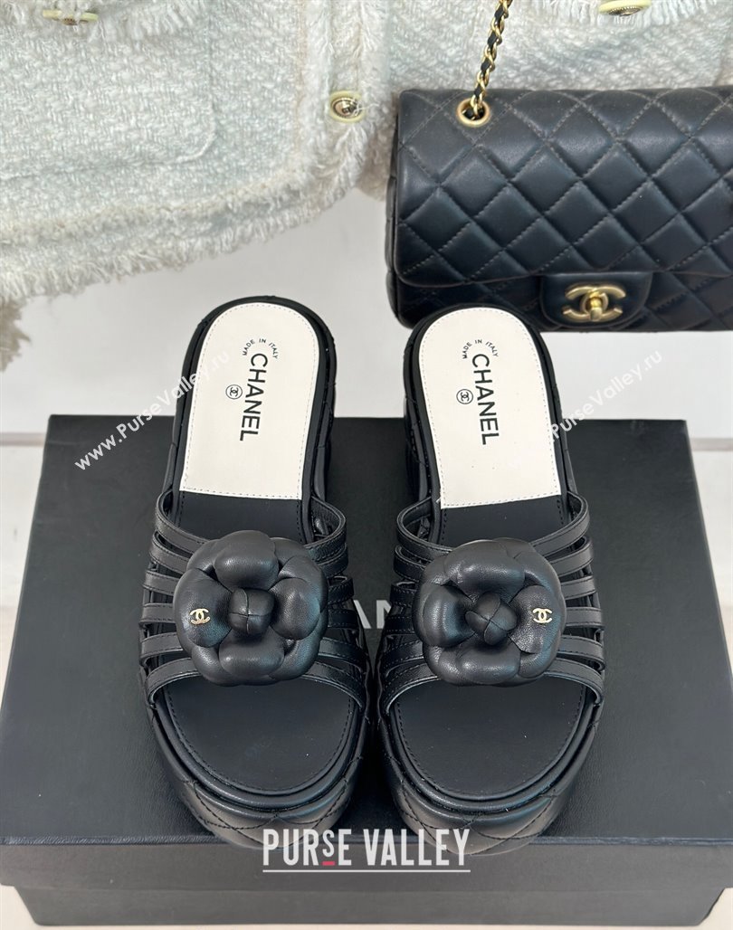 Chanel Lambskin Camellia Bloom Platform Slide Sandals Black 2024 CH010802 (MD-240108016)