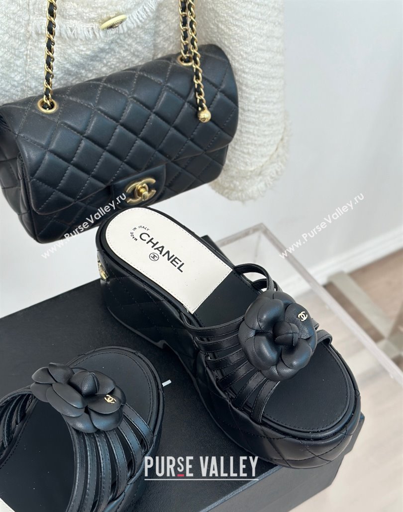 Chanel Lambskin Camellia Bloom Platform Slide Sandals Black 2024 CH010802 (MD-240108016)