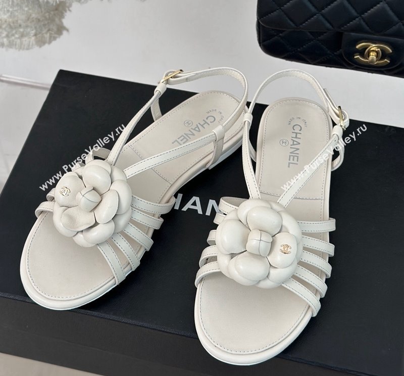 Chanel Lambskin Camellia Bloom Flat Slingback Sandals White 2024 CH010802 (MD-240108017)