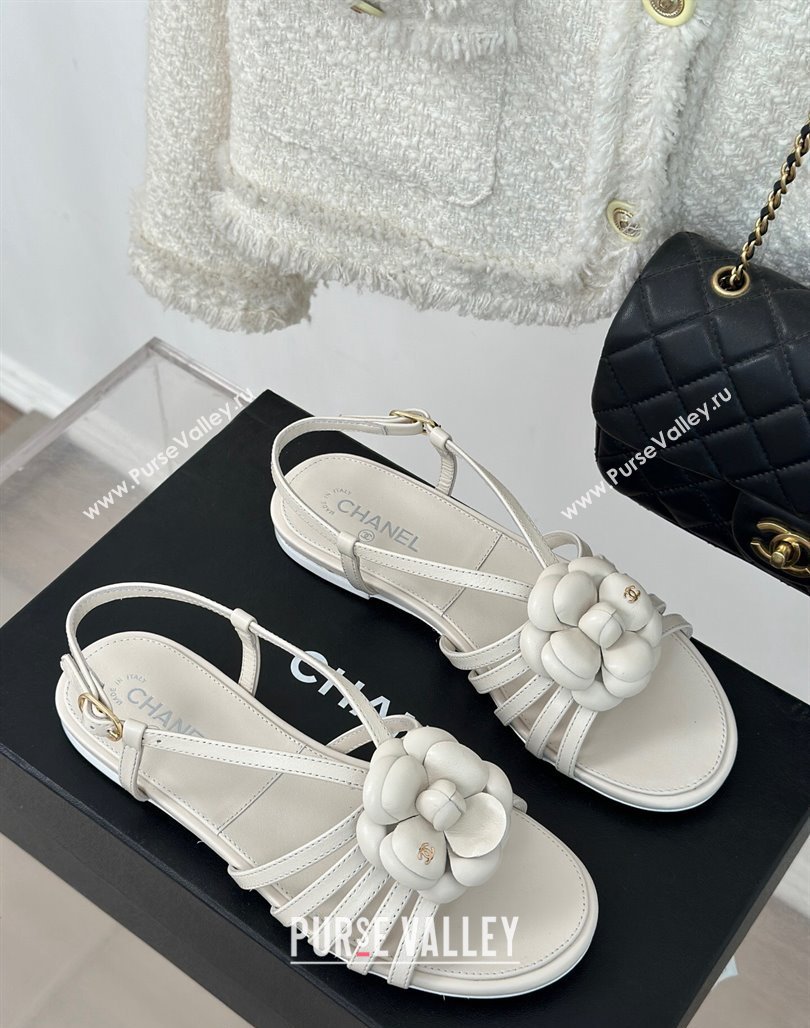 Chanel Lambskin Camellia Bloom Flat Slingback Sandals White 2024 CH010802 (MD-240108017)