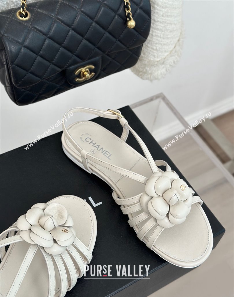 Chanel Lambskin Camellia Bloom Flat Slingback Sandals White 2024 CH010802 (MD-240108017)