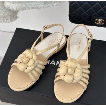 Chanel Lambskin Camellia Bloom Flat Slingback Sandals Beige 2024 CH010802 (MD-240108018)