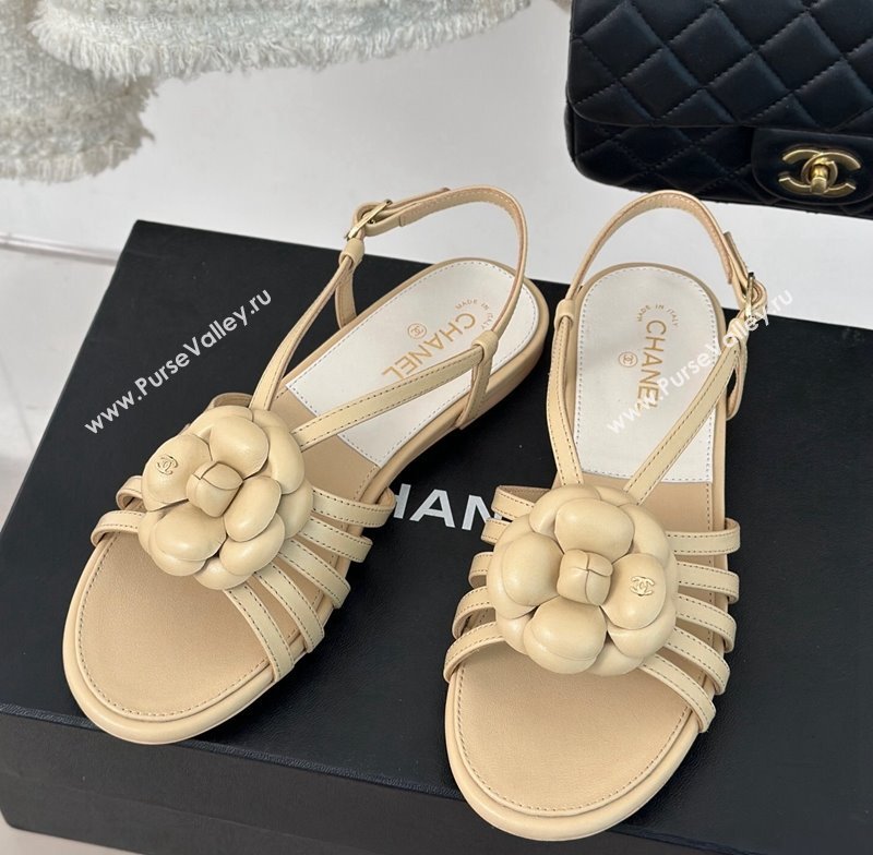 Chanel Lambskin Camellia Bloom Flat Slingback Sandals Beige 2024 CH010802 (MD-240108018)