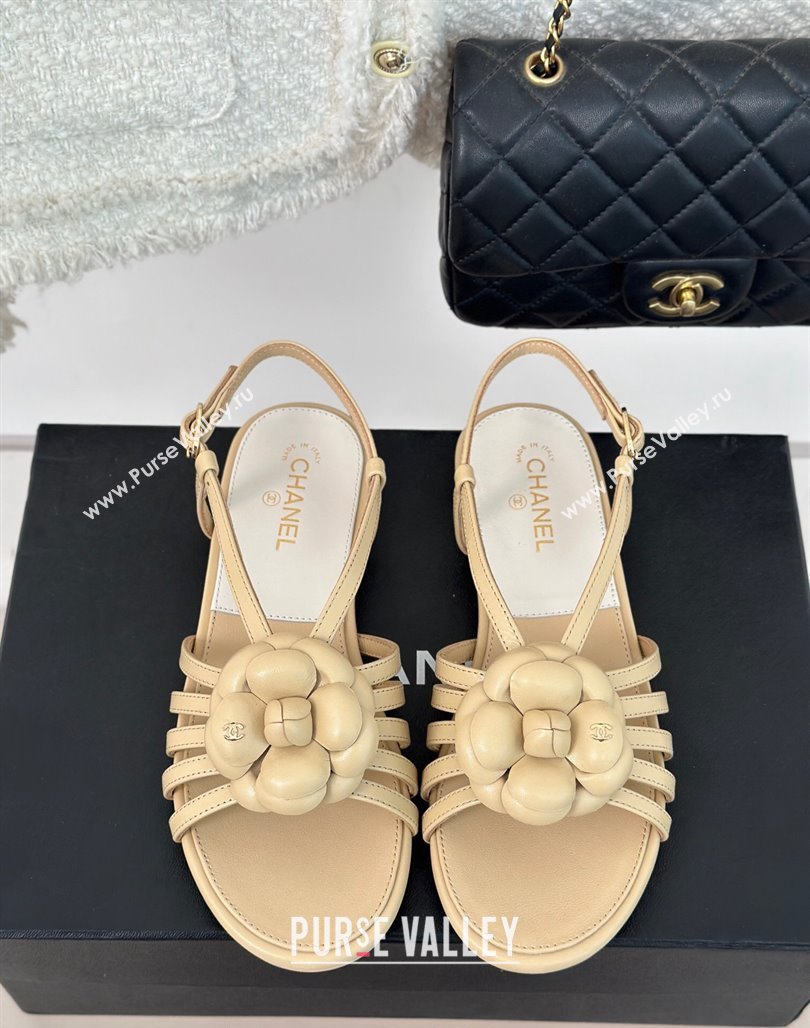 Chanel Lambskin Camellia Bloom Flat Slingback Sandals Beige 2024 CH010802 (MD-240108018)