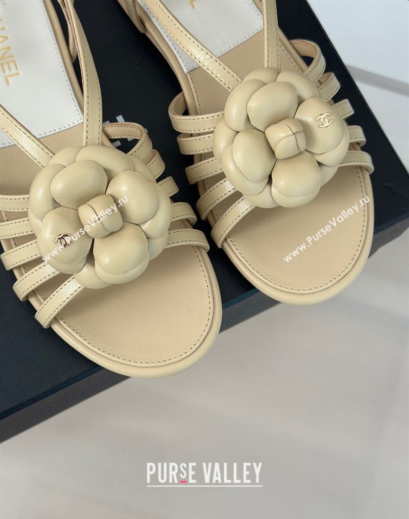 Chanel Lambskin Camellia Bloom Flat Slingback Sandals Beige 2024 CH010802 (MD-240108018)