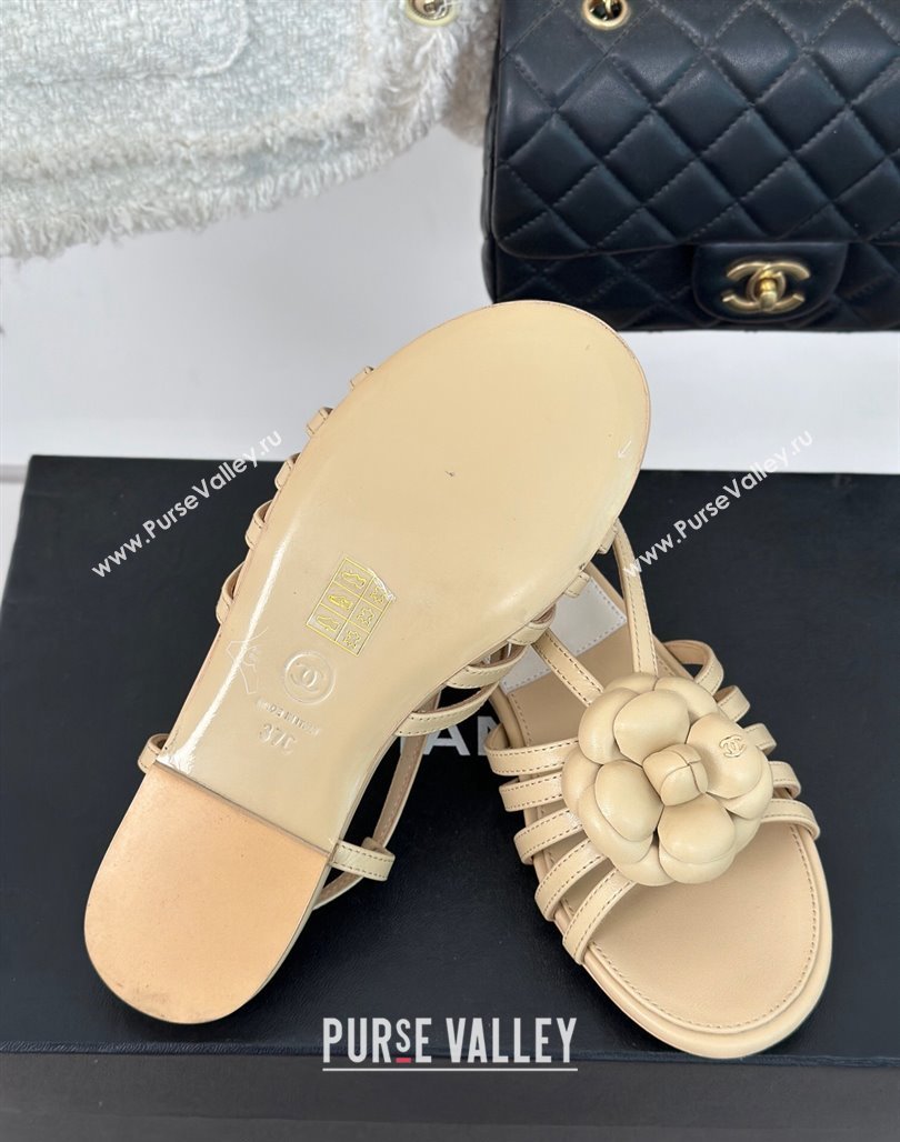 Chanel Lambskin Camellia Bloom Flat Slingback Sandals Beige 2024 CH010802 (MD-240108018)