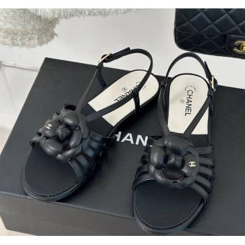 Chanel Lambskin Camellia Bloom Flat Slingback Sandals Black 2024 CH010802 (MD-240108019)