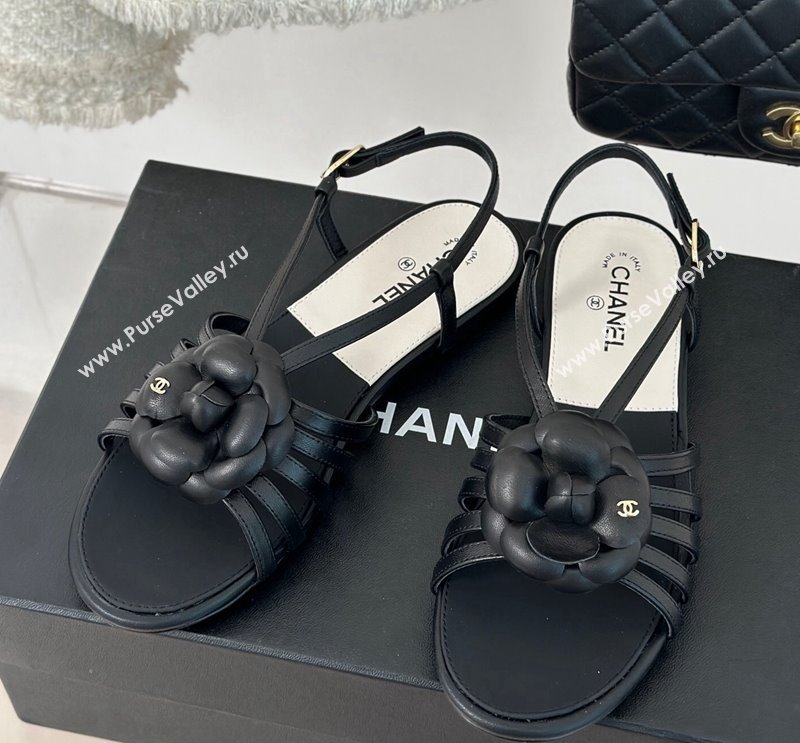 Chanel Lambskin Camellia Bloom Flat Slingback Sandals Black 2024 CH010802 (MD-240108019)