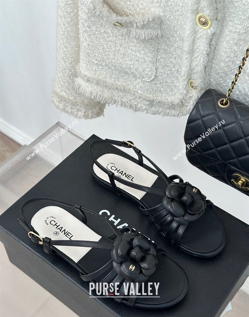 Chanel Lambskin Camellia Bloom Flat Slingback Sandals Black 2024 CH010802 (MD-240108019)