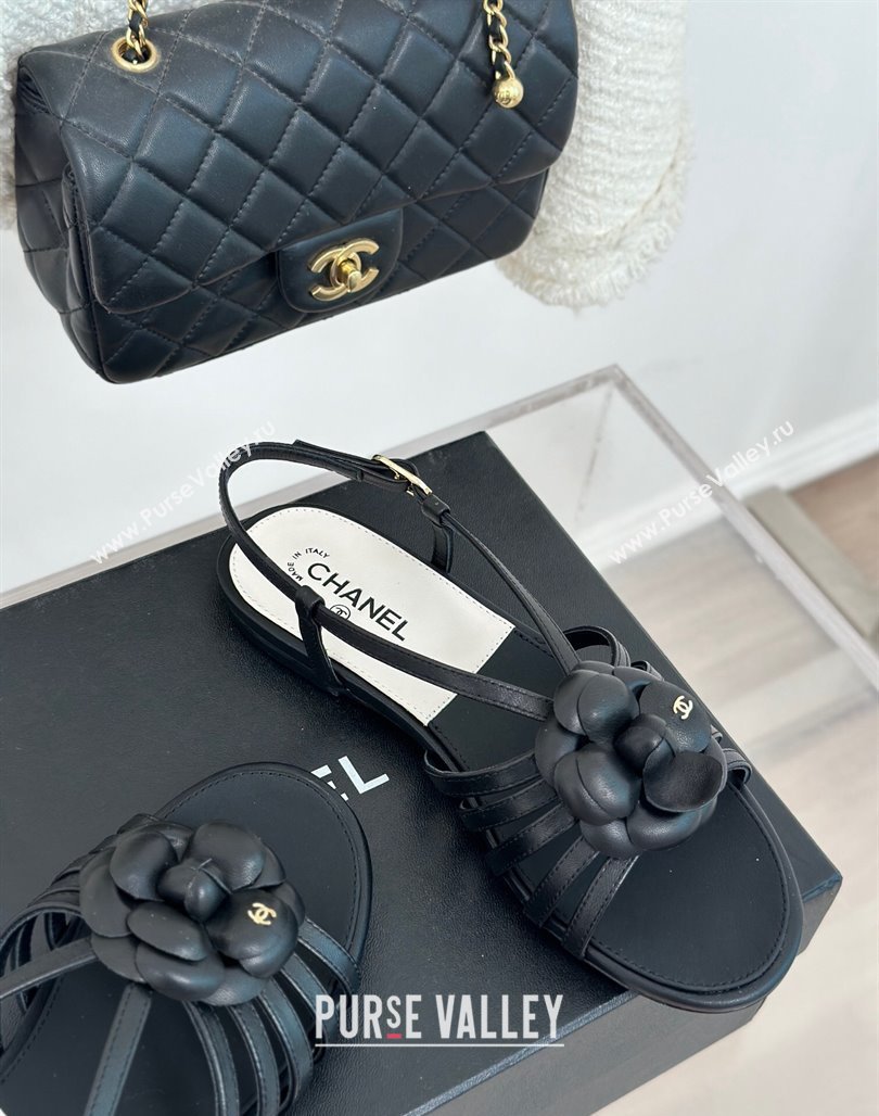 Chanel Lambskin Camellia Bloom Flat Slingback Sandals Black 2024 CH010802 (MD-240108019)