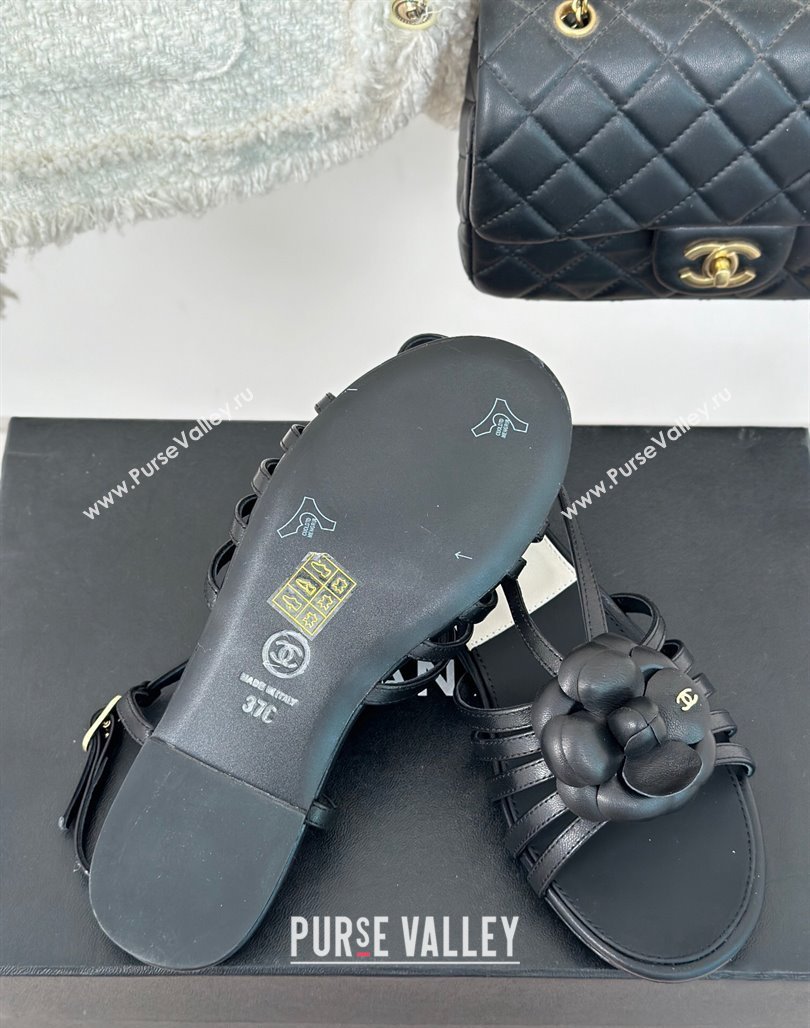 Chanel Lambskin Camellia Bloom Flat Slingback Sandals Black 2024 CH010802 (MD-240108019)