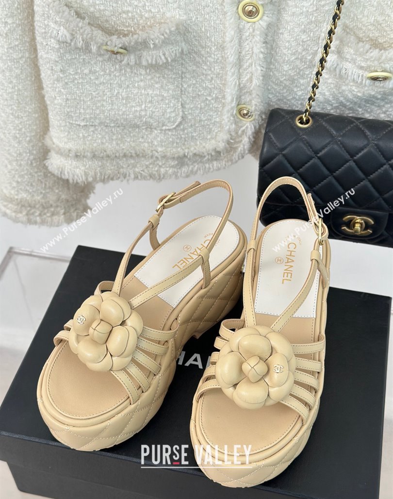 Chanel Lambskin Camellia Bloom Platform Slingback Sandals Beige 2024 CH010802 (MD-240108020)