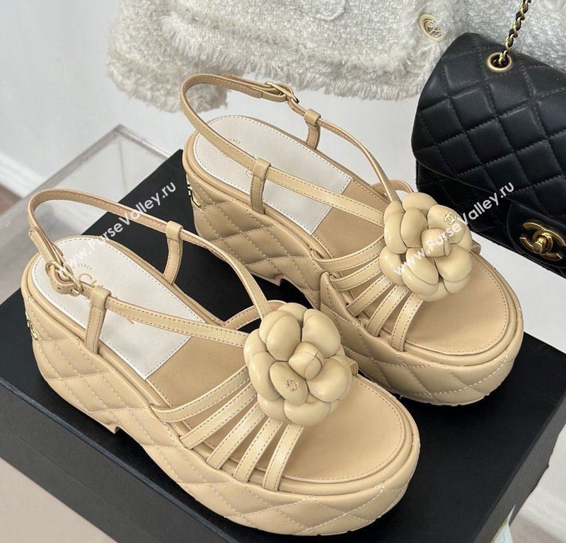 Chanel Lambskin Camellia Bloom Platform Slingback Sandals Beige 2024 CH010802 (MD-240108020)