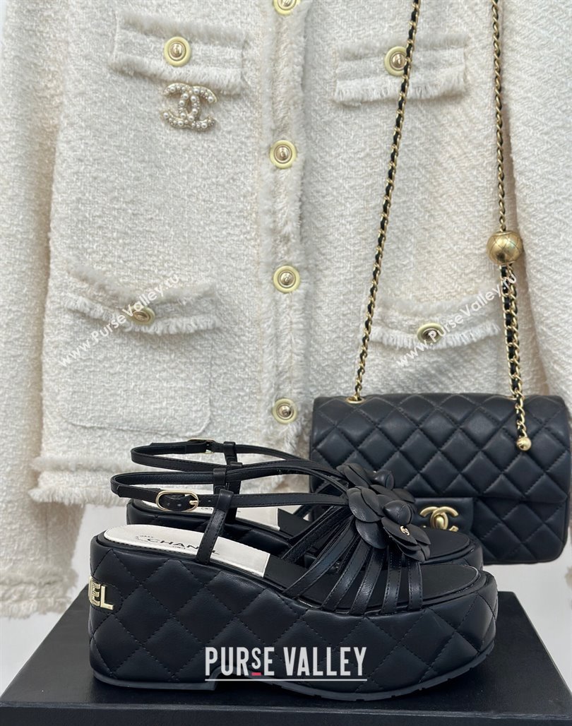 Chanel Lambskin Camellia Bloom Platform Slingback Sandals Black 2024 CH010802 (MD-240108021)