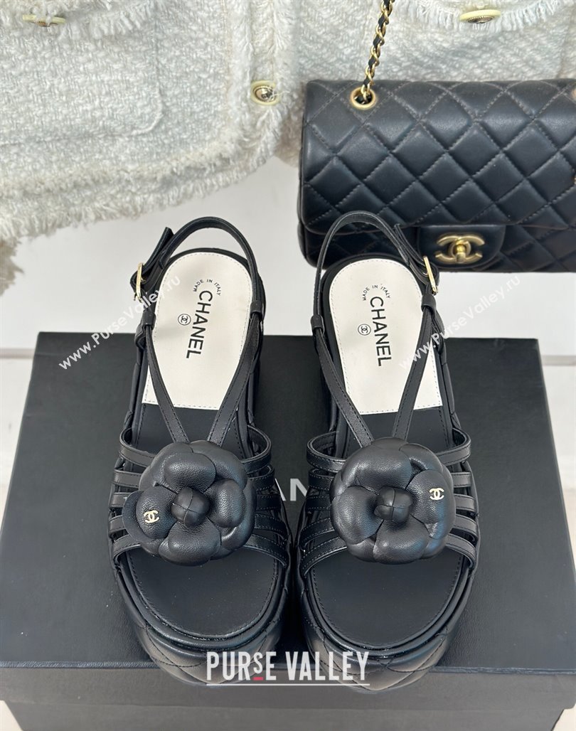 Chanel Lambskin Camellia Bloom Platform Slingback Sandals Black 2024 CH010802 (MD-240108021)