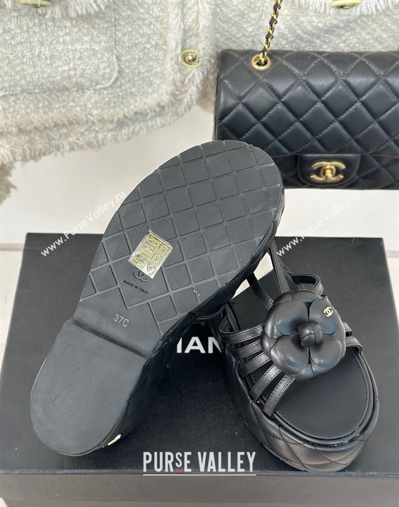 Chanel Lambskin Camellia Bloom Platform Slingback Sandals Black 2024 CH010802 (MD-240108021)