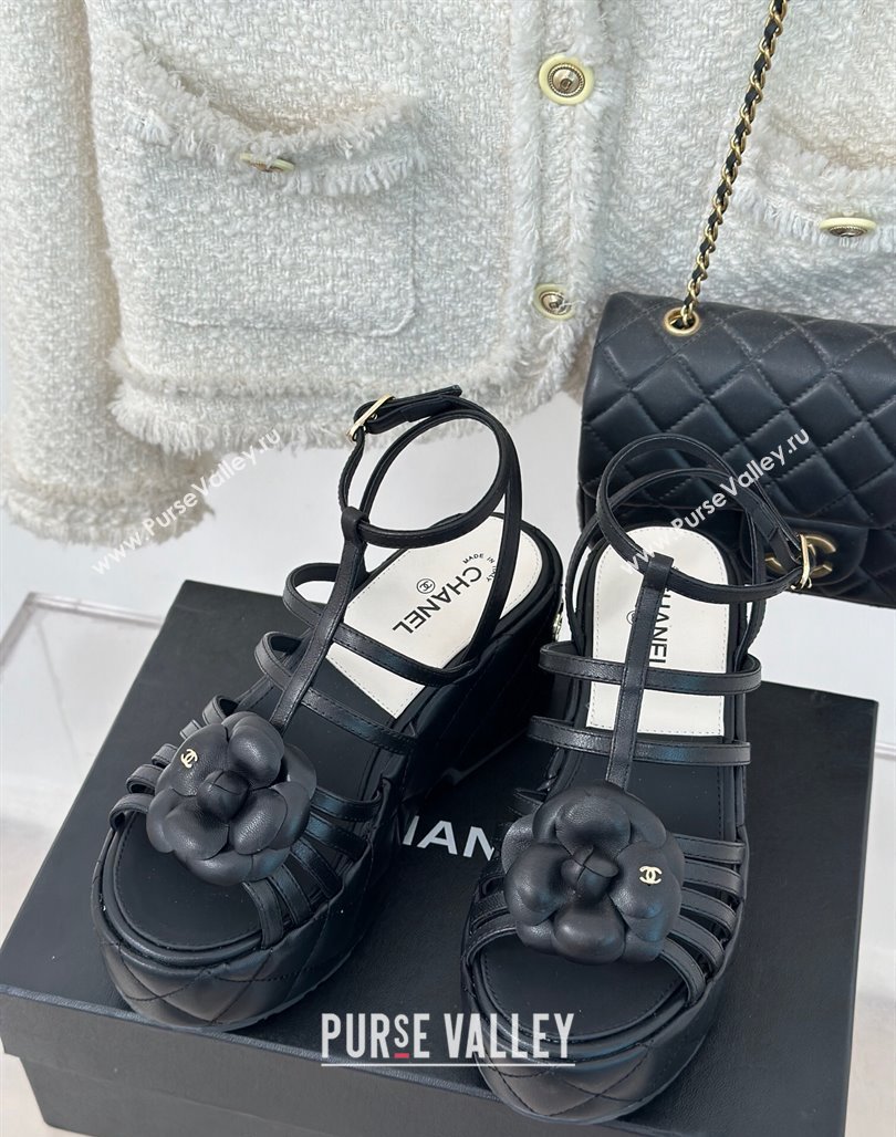 Chanel Lambskin Leather Camellia Bloom Platform Sandals Black 2024 CH010802 (MD-240108024)