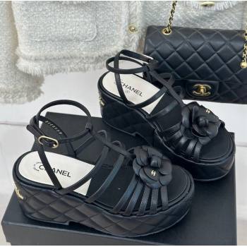 Chanel Lambskin Leather Camellia Bloom Platform Sandals Black 2024 CH010802 (MD-240108024)