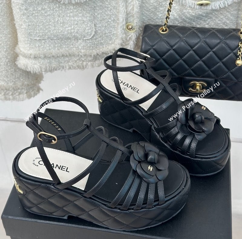 Chanel Lambskin Leather Camellia Bloom Platform Sandals Black 2024 CH010802 (MD-240108024)