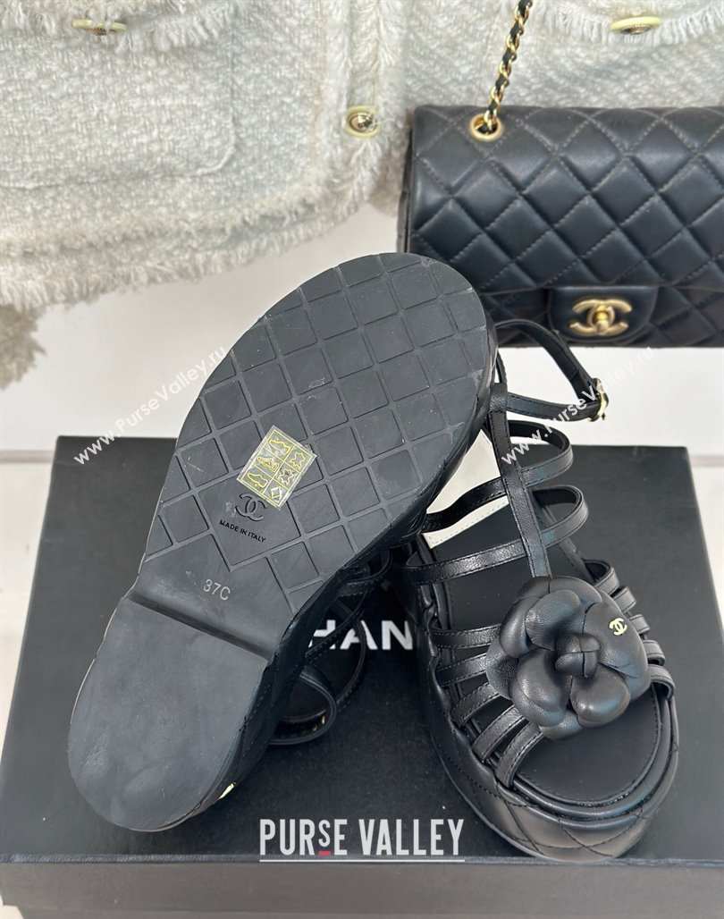 Chanel Lambskin Leather Camellia Bloom Platform Sandals Black 2024 CH010802 (MD-240108024)