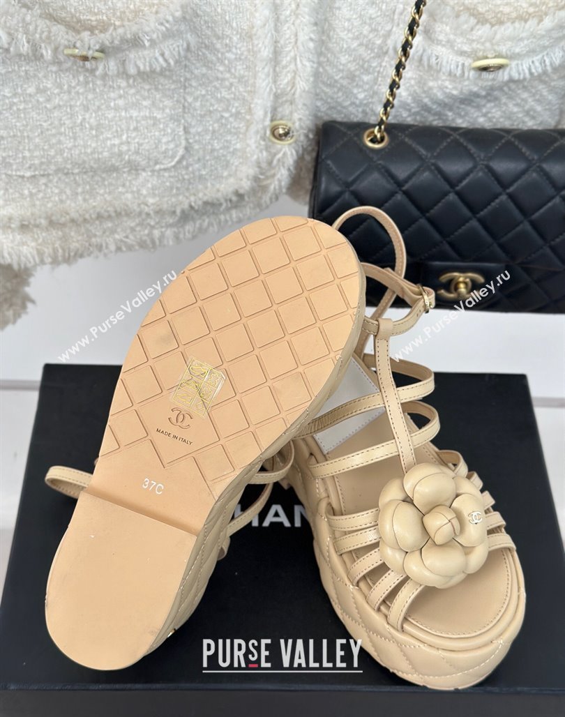 Chanel Lambskin Leather Camellia Bloom Platform Sandals Beige 2024 CH010802 (MD-240108027)