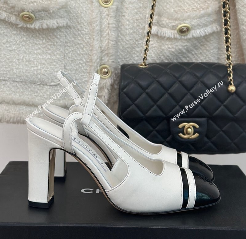 Chanel Calfskin Leather Slingback Pumps White/Black 2024 CH121303 (MD-240108031)