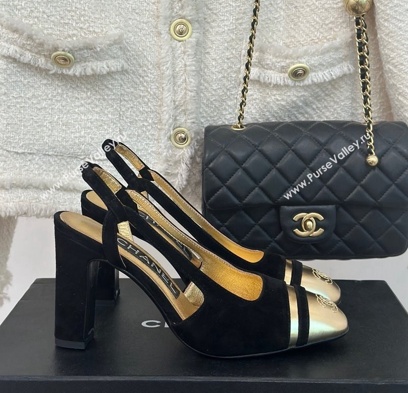 Chanel Suede Metallic Calfskin Slingback Pumps Black/Gold 2024 CH121303 (MD-240108032)