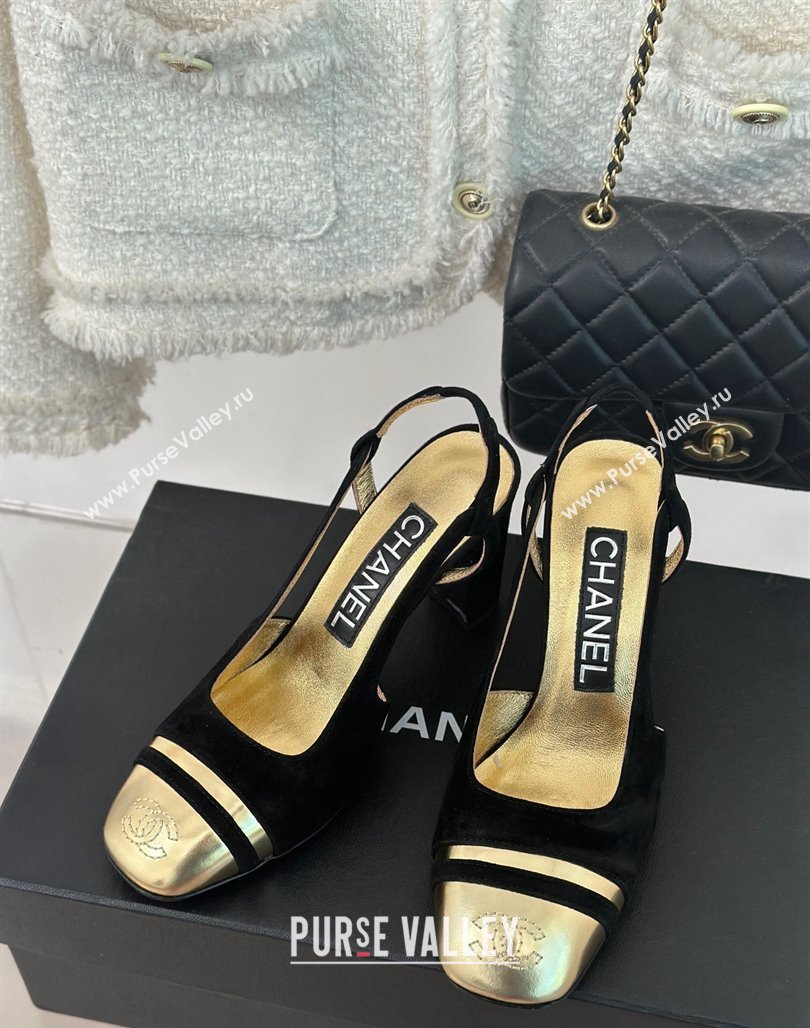 Chanel Suede Metallic Calfskin Slingback Pumps Black/Gold 2024 CH121303 (MD-240108032)