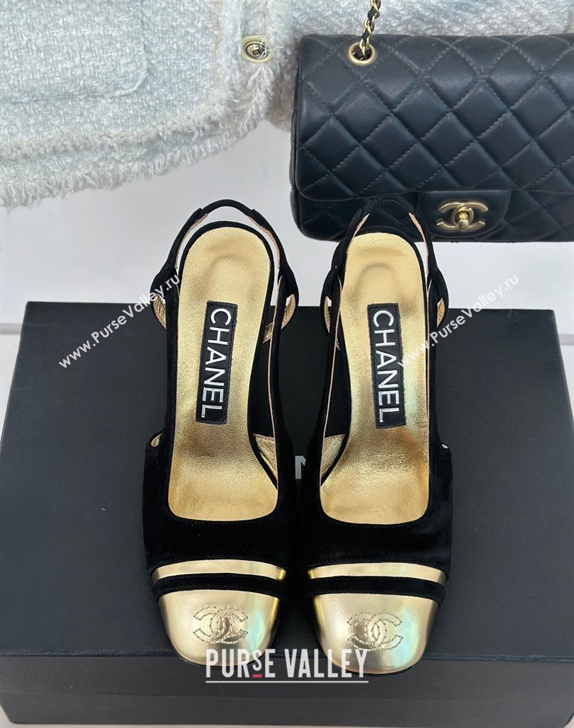 Chanel Suede Metallic Calfskin Slingback Pumps Black/Gold 2024 CH121303 (MD-240108032)